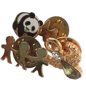 Lot of 4 Small Lapel Pins Angel Panda Dove Paper Dolls Cute Gold Tone Enamel